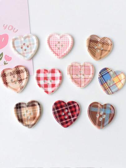 10pcs Plaid Heart Shaped Button Decoration Accessories Hair Clips Phone Cases Clothing Sewing Craft DIY Materials
