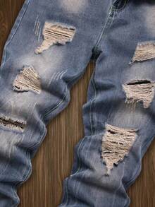 1pc Men's Regular Fit Comfortable Distressed Breathable Blue Denim Jeans, Suitable For Street, Business, Formal, And Outdoor Wear - Blue - View 3