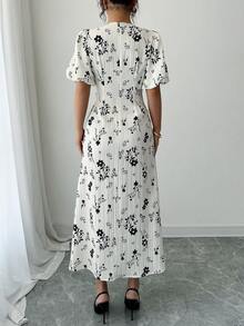 女士圆领灯笼袖印花连衣裙，适合正式场合和日常穿着，白色，适合度假和夏季穿着，优雅时尚。 - 白色 - 查看 2