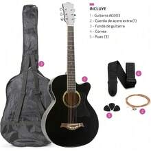 Guitarra Electroacústica con Bolso + Cinta + Púas + Cuerdas extras (Naranja) - Negro - Ver 6