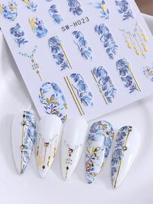 4片优雅彩色蓝色花朵美甲贴纸，花卉线条美甲贴花，金箔3D滑动美甲装饰，适合春夏美甲用品 - 彩色 - 查看 11