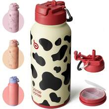 BOTTLE BOTTLE Botella de agua aislada de 32oz (940ml), botella deportiva de acero inoxidable con popote, diseño de tapa de doble uso, para gimnasio con pastillero (Vaca) - Brote - Ver 11
