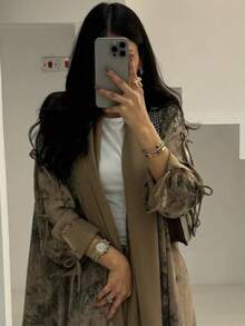 Women's Long Chiffon Printed Abaya With Headscarf, Long Sleeve Robe - Apricot - View 5