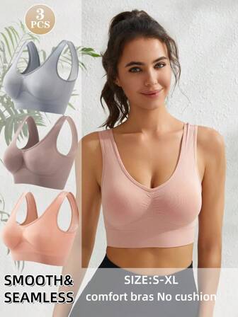 3 st/set kvinnor sömlösa bygellösa mjuka komfort-bralettset, flerfärgade