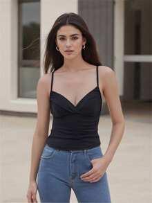 Women's Summer V Neck Cami Tops Black Sleeveless Open Back Slim Fit Cropped Tanks - 黑色 - 查看 2
