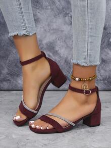 Women's Square Toe Rhinestone Strap High Heel Sandals, Chunky Heels, Suitable For Wedding, Party, Office, Summer - Burgundy - View 5