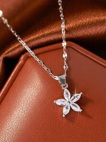 2pcs/Set Fashionable Glamorous 5-Petal Flower CZ Teardrop Pendant Necklace For Women, Suitable For Daily Wear And Parties - Silver - View 4