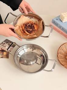 1pc Ins Style Stainless Steel Double Handle Flat Pan, Seafood Pot, Korean Frying Pan, Serving Dish For Rice, Pasta, Fried Chicken - Multicolor - View 10