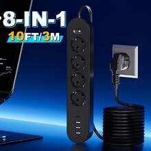 八合一欧规电源板，带 4 个交流电源插座、3 个 USB 接口、1 个 Type-C 接口、多设备充电、浪涌和过载保护、可壁挂、5 英尺/10 英尺线缆长度可选，适用于家庭、办公室和旅行