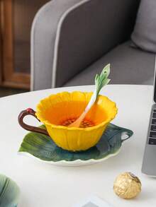 3件/套（1杯，1碟，1勺）180毫升欧式陶瓷珐琅咖啡杯碟 - 黃色 - 查看 1