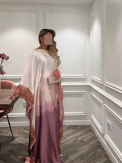 Women's Muslim Silk-Like Ombre Dress – White To Pink Purple Gradient Abaya Robe With Fringe Trim For Modest Occasions