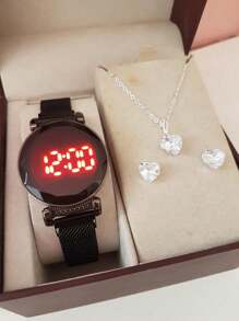 CONJUNTO RELÓGIO FEMININO COM COLAR E BRINCO TOUCH DIGITAL SENSIVEL AO TOQUE (LED REDONDO)