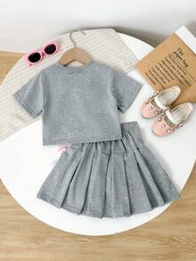 Set de 2 piezas de top de manga corta con moño y falda para niñas - Gris - Ver 2