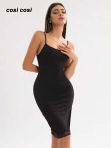 1 pezzo Vestito da donna nuovo per primavera/estate con inserti in pizzo, abito casual elegante e sofisticato senza maniche di colore unito adatto per uso interno/esterno