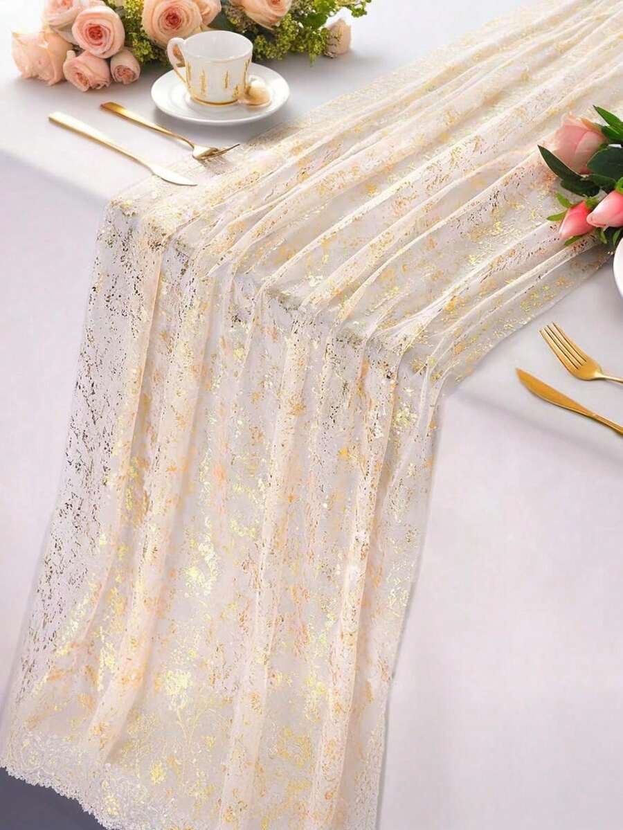 1pc Gold Table Runner, Seasonal Table Decor For Spring/Summer, Sheer Chiffon Gold Table Runner, Gold Party Table Decoration For Wedding, Birthday - Gold - View 1
