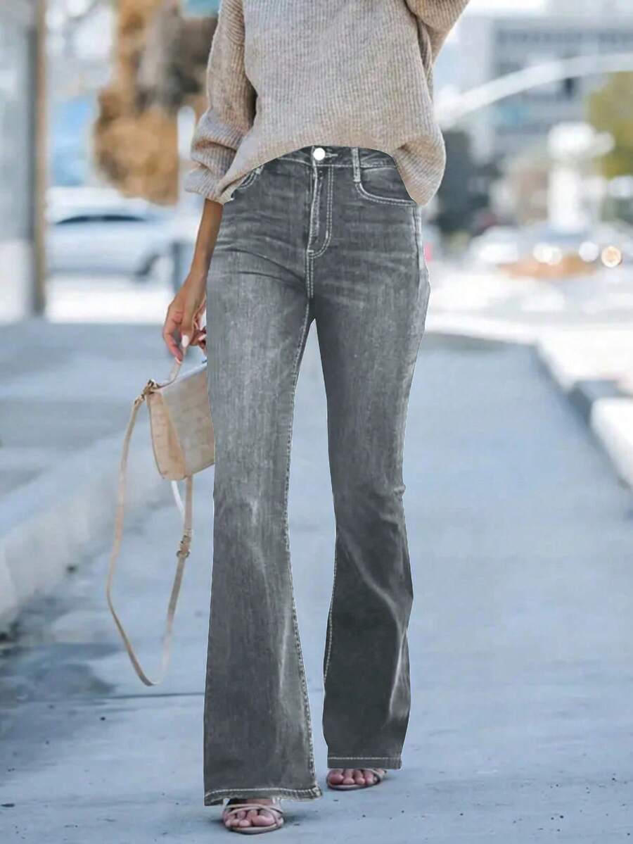 Jeans casuales de mezclilla con bolsillos y vuelo para mujer - Gris Claro - Ver 1