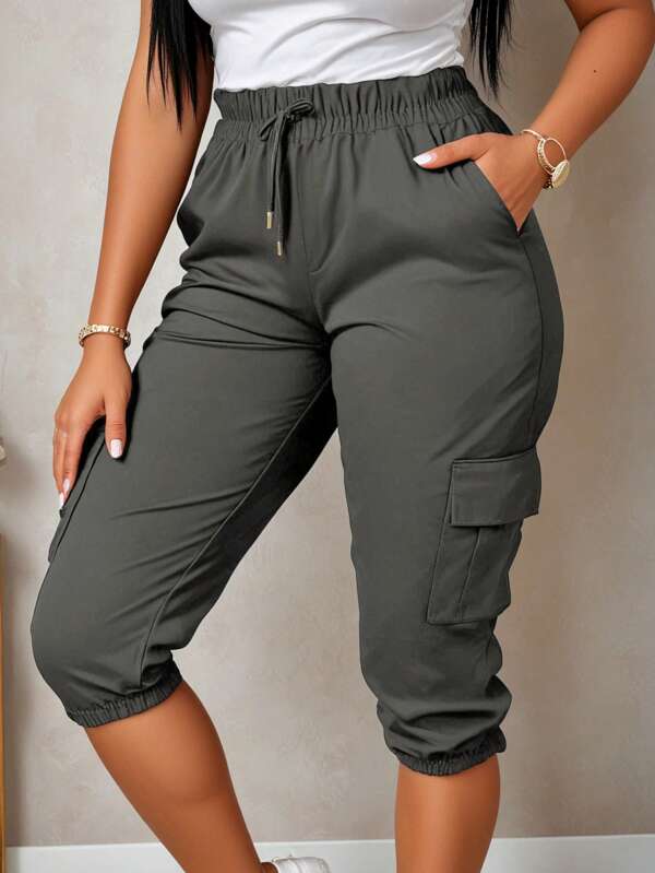 Pantalones cortos de talla grande para mujer, de ajuste ceñido, con cordón y bolsillo, de largo medio