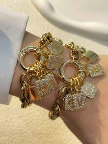 STYLEVER 1 件金色首字母手链，26 个字母手链，吊坠手链，不锈钢链条，独特风格精致手链 - 金色 - 查看 2