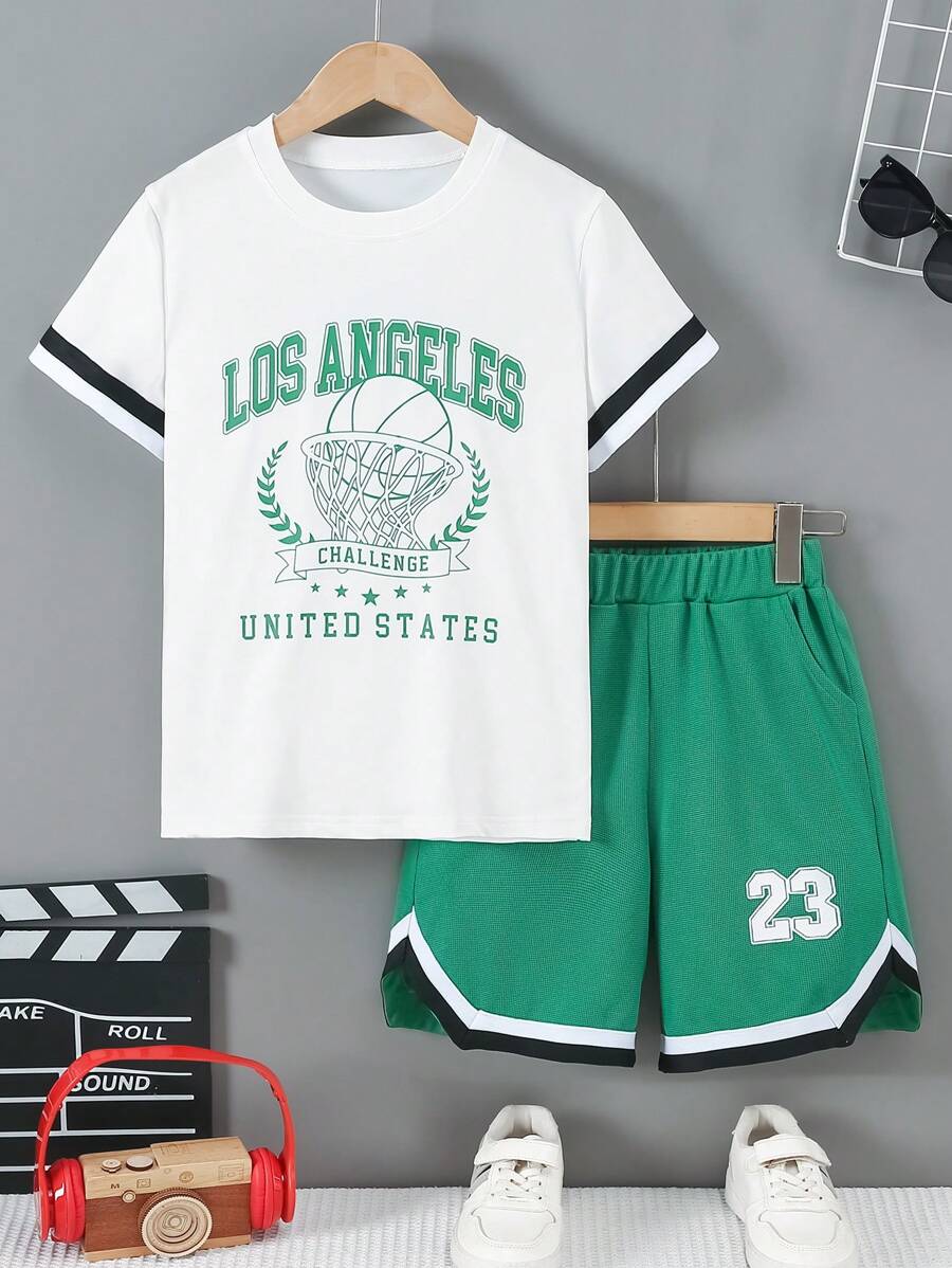 2 Peças/Conjunto Conjunto de Camiseta com Estampa de Letra e Shorts de Estilo Esportivo da Moda Infantil, Verão