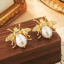 1 对时尚优雅蜜蜂设计女士复古优雅耳环，适合节日、派对和母亲节礼物 - 金色 - 查看 4