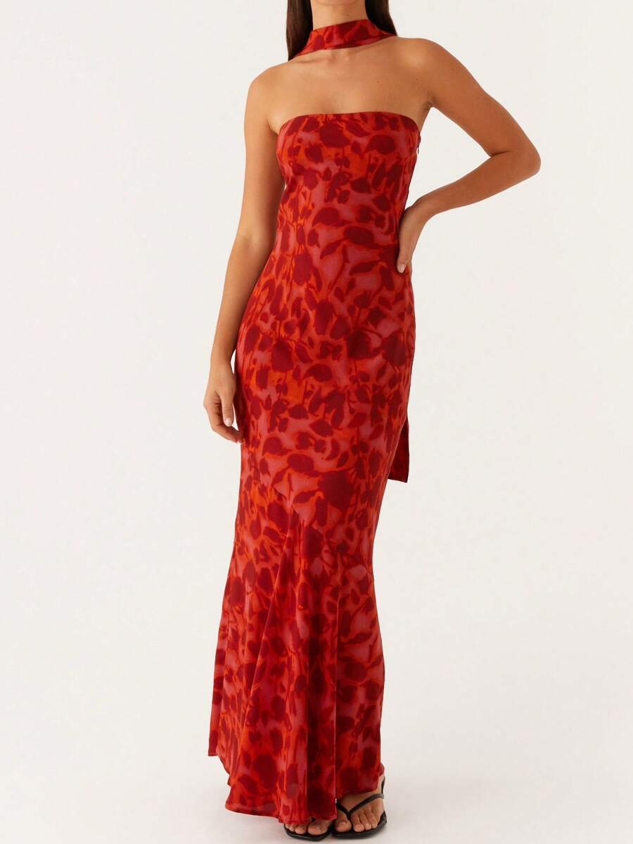 Women Y2k Floral Tube Maxi Dress With Scarf Sleeveless Strapless Backless Mesh Long Bodycon Dresses Formal Cocktail Sundress - 酒紅色 - 查看 1