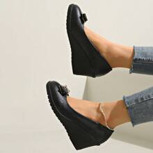 Floral Work Shoes For Women, Non-Slip Soft-Sole Platform Loafers, Black Leather Professional Office Shoes