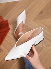 Women's Fashion Versatile Pointed Toe Deep V Thick Heel Mule Slip On Shoes, Elegant & Comfortable For Commute, Banquet, Party, Gathering. PU Leather Cream White High Heel Sandals, Sexy Backless Chunky Heels, Spring/Summer Mid Heel Shoes - Chantilly - View 2