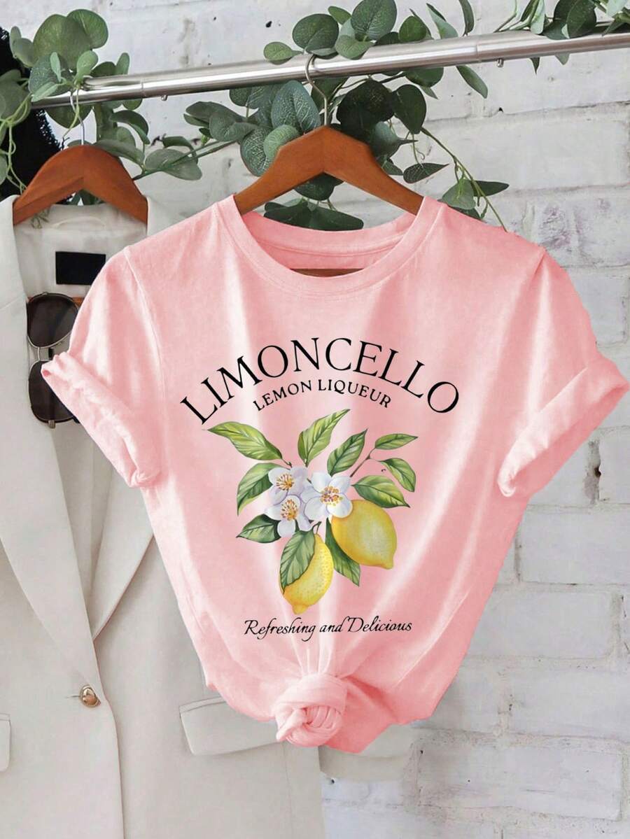 大码女式夏季字母水果印花圆领短袖休闲T恤 LIMONCELLO 柠檬利口酒 清爽美味的图案T恤 女式上衣 粉色 - 粉色 - 查看 1