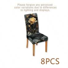 1/4/6/8pcs Black Gold Palace Pattern Chair Covers, Gold Embossed Rose Chair Slipcover, Elastic Fabric Easy Installation, Removable And Washable, Luxury Vintage Gilded Floral Print, Black Anti-Fouling Chair And Table Covers - Multicolor - View 11