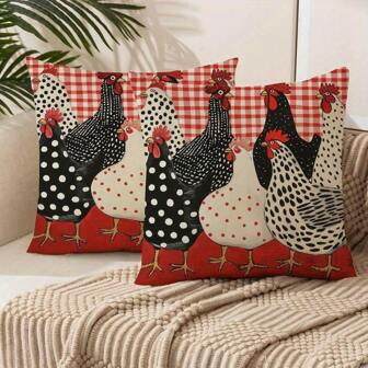 2pcs Farmhouse Chic Chicken Design Pillow Covers - With Zipper Closure, Rustic Buffalo Plaid Red And White, Colorful Rooster Pattern, Fits For Sofa And Couch Decor, Home Decorative Pillow Cases| Imaginative Pillow Covers|Zipper Pillowcases, Sofa Throw Pillow Covers (Pillow Insert Not Included) Pillows Bedding Bed Room Decor Bedroom Decor Cushion Covers Cushion Cover Cushions