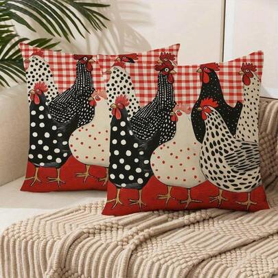 2pcs Farmhouse Chic Chicken Design Pillow Covers - With Zipper Closure, Rustic Buffalo Plaid Red And White, Colorful Rooster Pattern, Fits For Sofa And Couch Decor, Home Decorative Pillow Cases| Imaginative Pillow Covers|Zipper Pillowcases, Sofa Throw Pillow Covers (Pillow Insert Not Included) Pillows Bedding Bed Room Decor Bedroom Decor Cushion Covers Cushion Cover Cushions