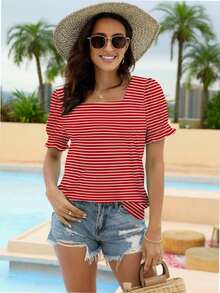 hupos Women's Casual Square Neck Short Sleeved Summer T-Shirt - Sọc đỏ - Xem 3