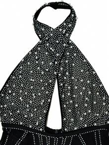 SEBOWEL Sexy Rhinestones Beading Playsuit Women Elegant Cross Halter Sheer Mesh Patchwork Bodysuit Shorts Jumpsuit Night Club Party One Piece - 黑色 - 查看 5