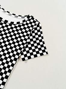 Acelitt 夏季撞色棋盘格印花罗纹修身圆领短袖 T 恤