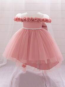 Baby Girls 3D Floral Mesh Bow Cute Party Dress Suitable For 1st Birthday Flower Girl Without Headband - Dusty Pink - View 6