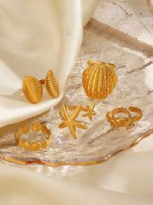 1pc Stainless Steel Fashion Ocean Element Spiral Shell & Starfish Ring, Suitable For Women Beach Holiday Travel Wear