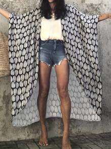 Boho Style Rayon Kimono Dress - Black & White Leaf Print, Vacation Casual, With Belt, V-Neck, Short Sleeve, Lightweight & Fashionable Women Allover Print Belted Wrap Dress With Bow