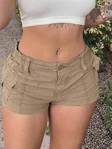 Women Y2k Cargo Shorts Solid Color Vintage Casual Summer Low Rise Elastic Shorts With Pockets E-Girls Slim Fitted Short Pants Club Streetwear