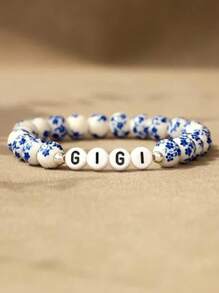 1PC Elegante 8mm Feito à Mão Azul e Branco Porcelana Stretch Pulseira de Contas, Presente de Aniversário, Presente de Aniversário, Presente para Nana/Mimi/MaMa/Vovó