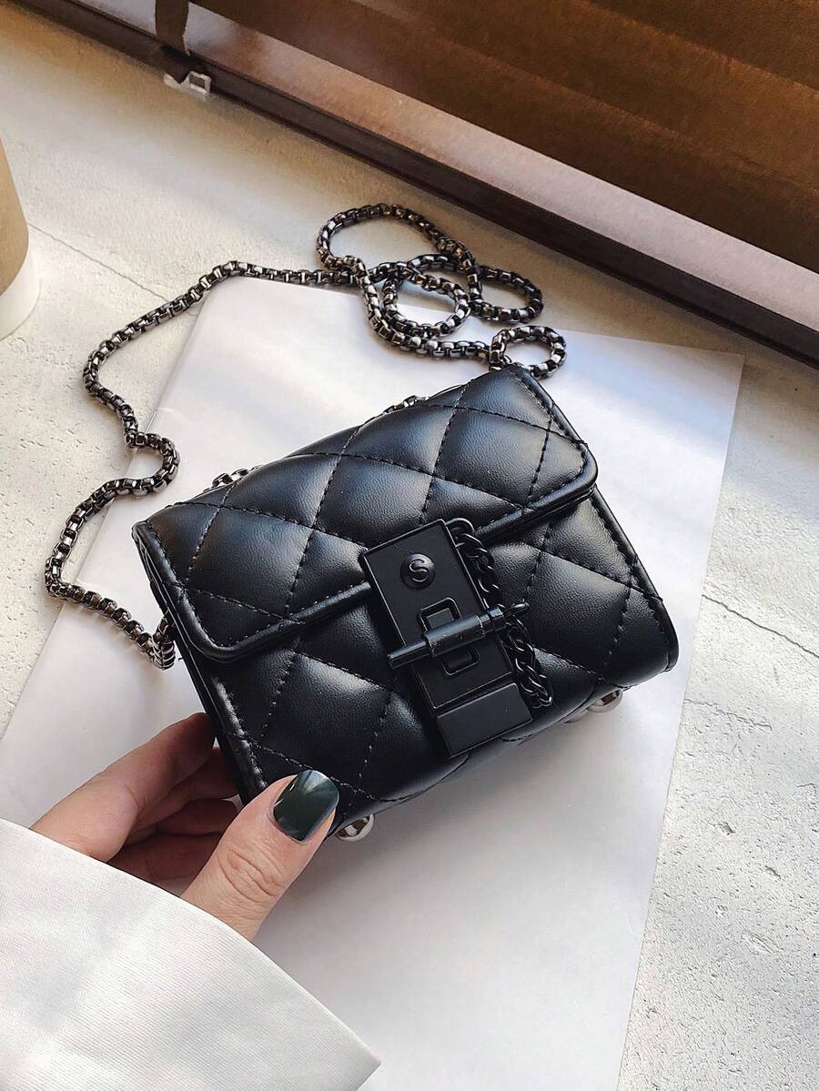 1pc New Mini Chain Shoulder Bag, Black Quilted Coin Purse, Interesting ...
