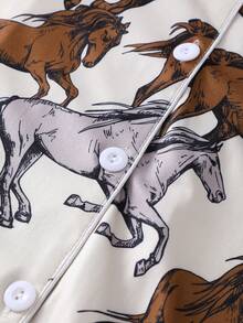 Bộ đồ ngủ thoải mái in hình nhóm ngựa 2 món, áo sơ mi cài nút tay ngắn và quần short cạp chun - Màu be - Xem 5