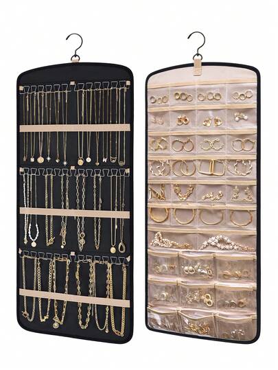 1pc Hanging Jewelry Storage Box, Necklace Holder -Free Earring Organizer With 20 Jewelry Pouches, Pocket Design For Wardrobe, Wall, Door Mounting, Large/Small Size, Black Color, Suitable For Women, Summer Travel, Back To School, Halloween Gift