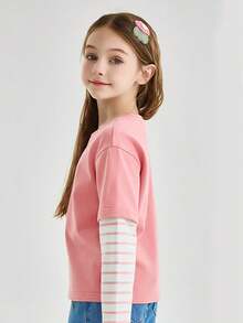 Kleine Mädchen 3 Stücke Süß Langarm T-Shirt, Kinder Elegant T-Shirt, gestreifter Kontrast 2 in 1 Top