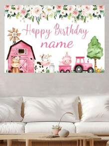 1pc Customizable Cartoon Farm Animals Happy Birthday Banner - Pink Barn Theme, Personalized Name Options For Birthdays And Anniversaries, Great For Photo Booths And Celebrations, Suitable For Porch Decorations, Indoor/Outdoor Celebrations, Anniversaries, Graduation - Versatile Party Backdrop Banner In Three Sizes!