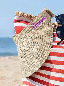 1/2Pcs Personalized Straw Visor, Customized Name Monogram Beach Hat, Bridesmaid Gift, Customizable Visor For Kids, Bridal Party Hat, Bachelorette Party, Beige, Long:50-55cm/19.7-21.65in, For-Anniversaries-For-Spring-For-Fall-Autumn-For-Holiday-Vacation-For-Outdoors-Outings - Style a - View 5