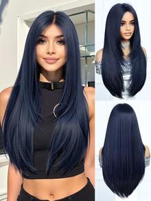 26 英尺长深蓝色女士假发，机织合成长直发，带中分假发，自然波浪形合成假发，耐热假发，适合日常派对角色扮演、母亲节礼物或节日派对日常穿着，女士礼品，女士配饰 - 藍黑色 - 查看 2