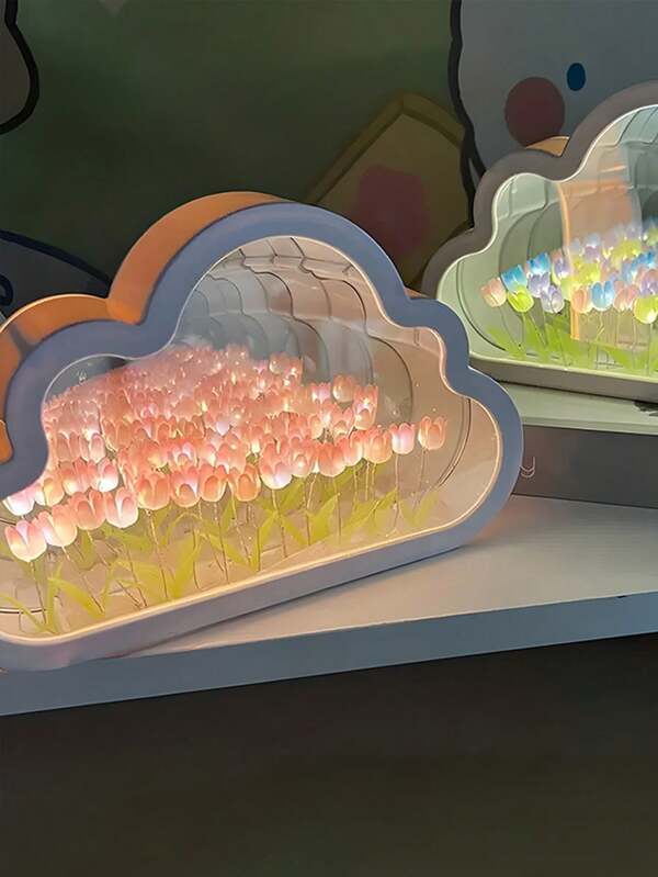 1 PC Cloud Flower Sea Tulip Bedside Night Light, Tulip Sea Flower Night Light, Handmade DIY Cloud Flower Sea Atmosphere Light Material Package, The Light Is A Night Light When Turned On And A Mirror When Turned Off, A Dual-Purpose Desktop Ornament, Requires Manual DIY, And The Gift Made By Yourself Is More Precious, A Birthday Gift For Lovers And Friends, A Lover's Gift(Includes 10pcs/20pcs Flowers)