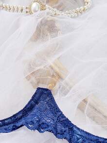 1 Set Floral Lace Lingerie Set - Plunge Bra And Alluring Crotchless Panty - Women's Delicate Lace Design Intimate - Xanh đậm - Xem 3