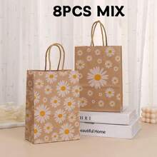 8pcs/Set 21*15*8CM Kraft Paper Floral Print Gift Bags, Suitable For Birthday Party, Home Party Gifts Packaging, Decoration'