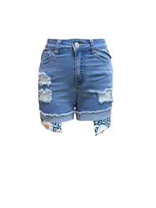 欧美流行夏季时尚百搭休闲雏菊刺绣破洞弹力牛仔裤 - 淺藍色 - 查看 3